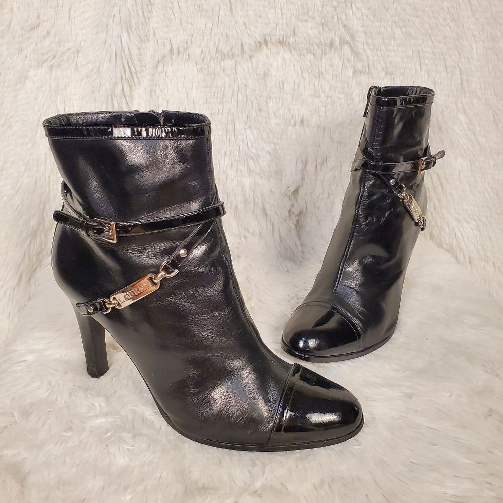 Ralph Lauren Buckle Straps Leather Heeled Ankle Booties Boots Black Size 7